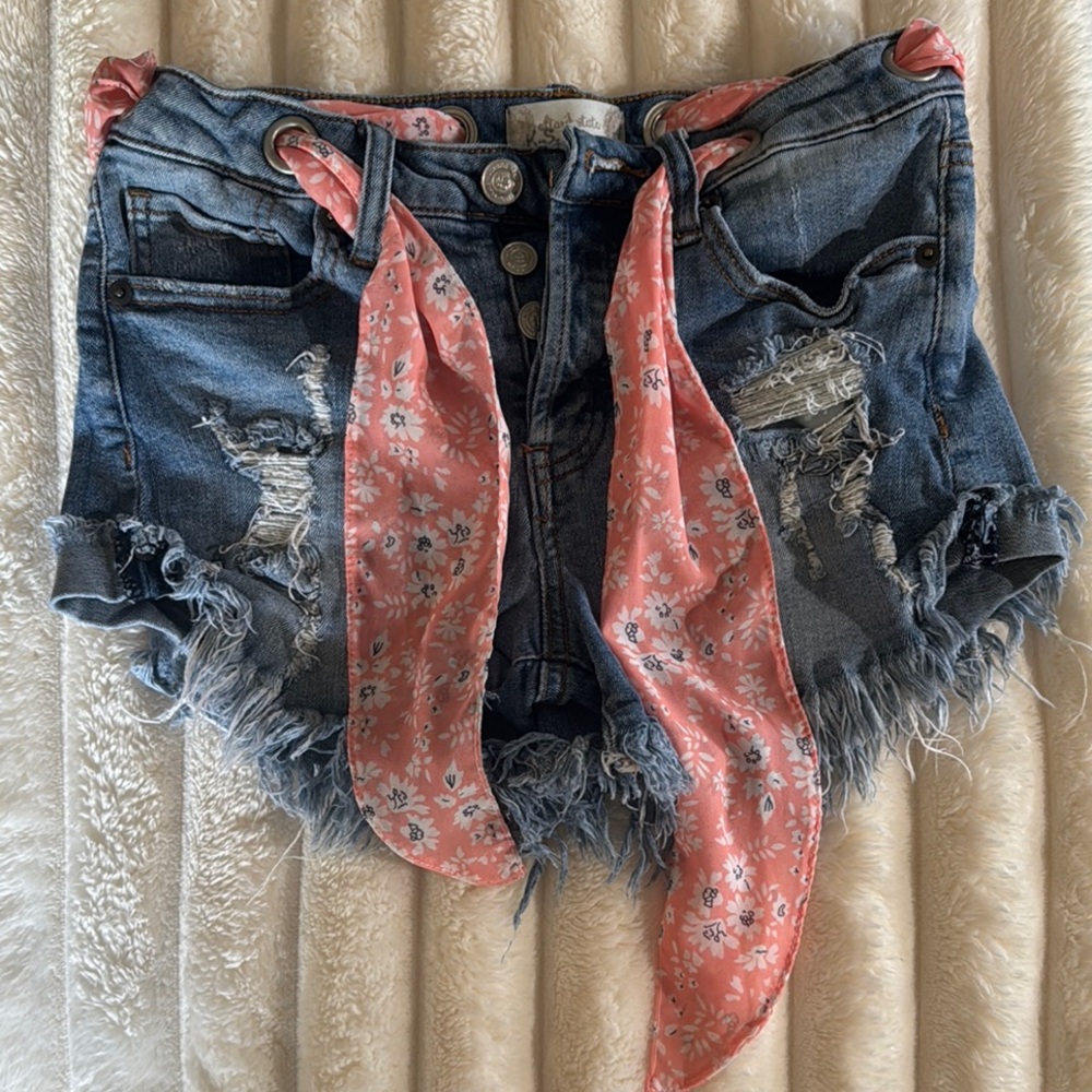 Altar'd State Distressed Blue Jean Shorts with Pink Velvet Ribbons